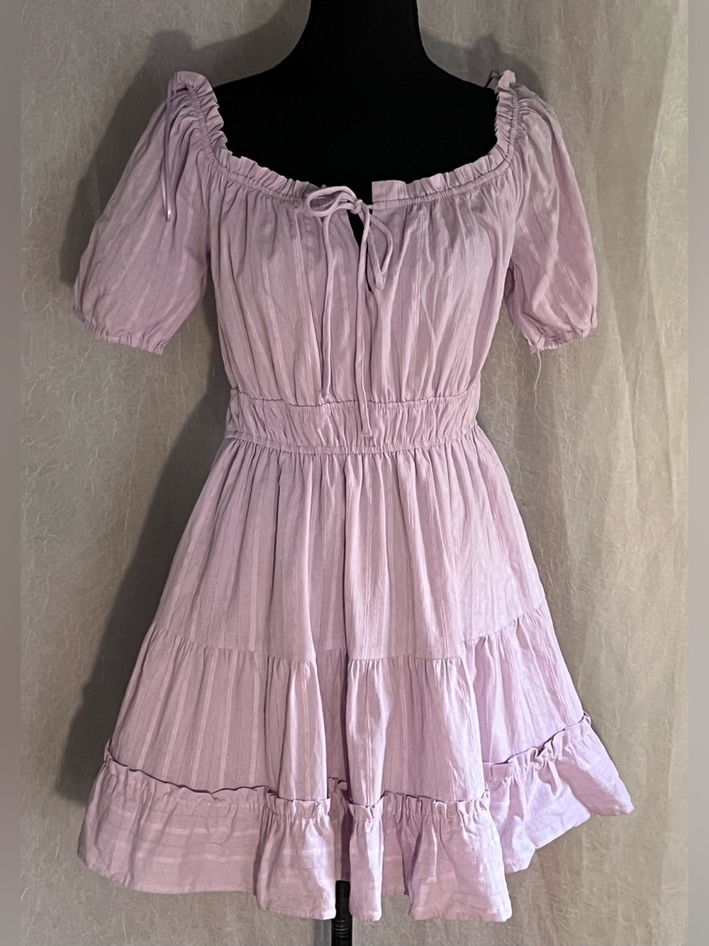 Lost + Wander Soft Lavender peasant style a line dress with puff sleeves